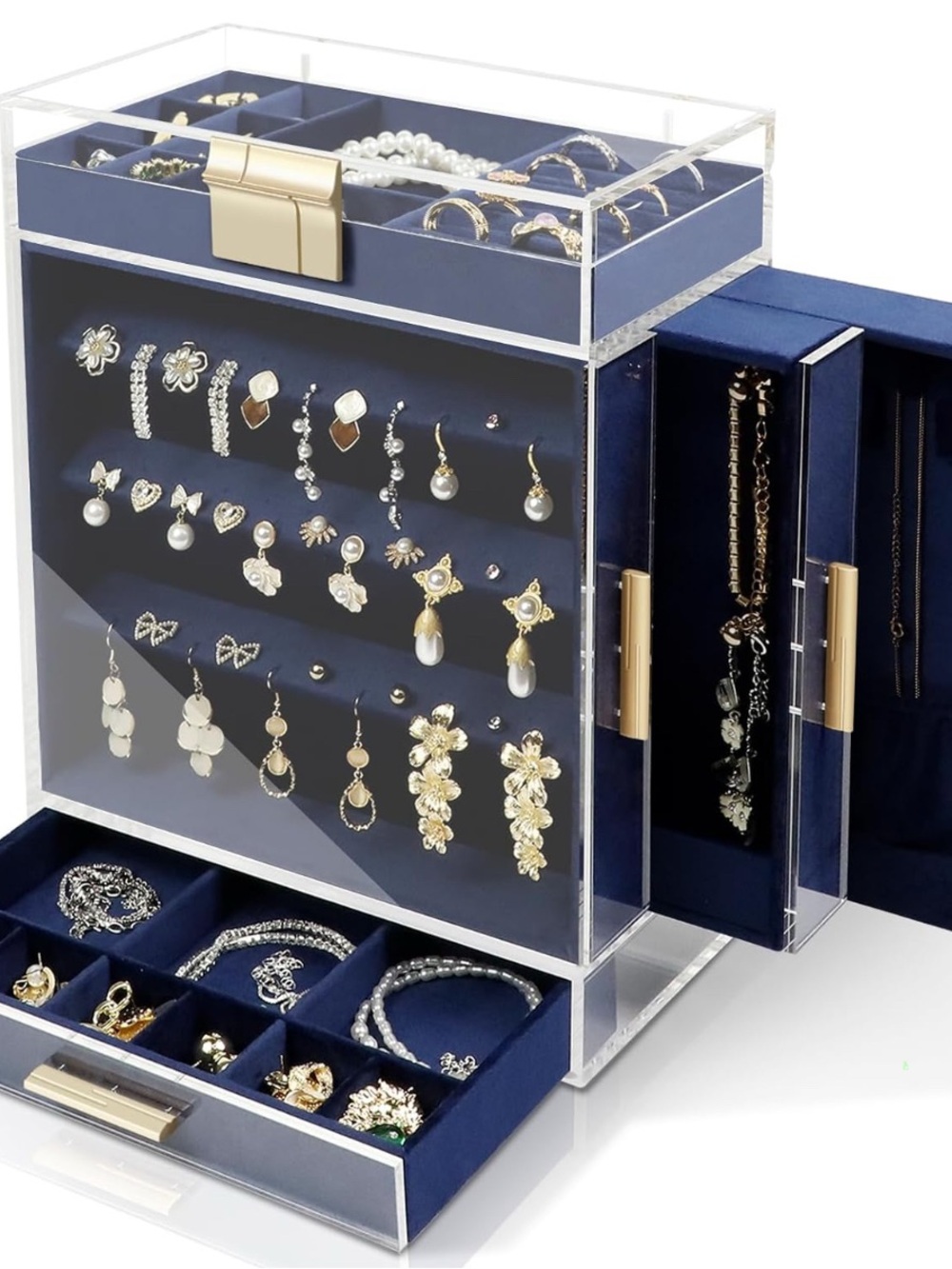 Navy Blue Acrylic Jewelry Organizer with Gold Accents